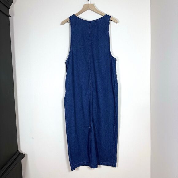 Vintage 90s Denim Overall Jumper Dress Size 12 Adj Straps Pockets Back Split Hem - Picture 2 of 10